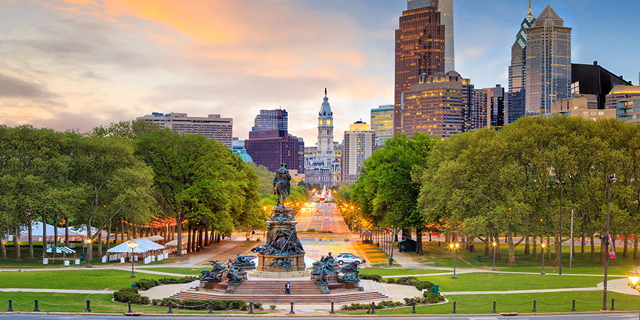 A triumph of urban planning, tree-lined Benjamin Franklin Parkway fountains, monuments, and  connects some of the major cultural attractions of Philadelphia.